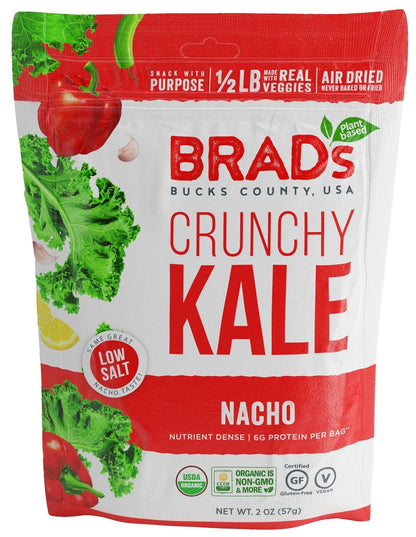 Brads Plant Based Organic Crunchy Kale, Nacho, Low Salt, 12 Bags, 24 Servings Total