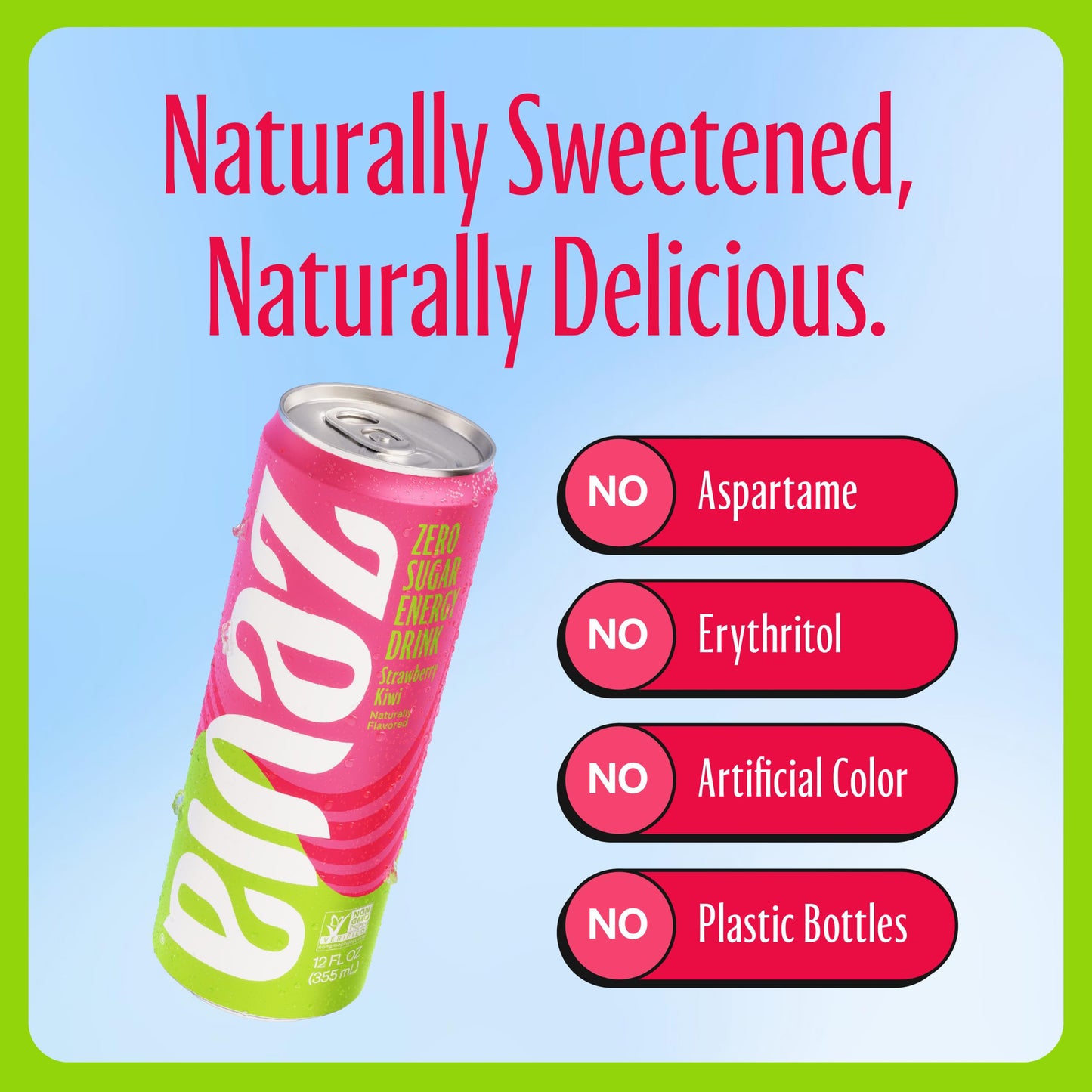Zevia Zero Sugar Energy Drink, Strawberry Kiwi, 12 oz Cans, 12-Pack, Non-GMO, Gluten-Free, Vegan
