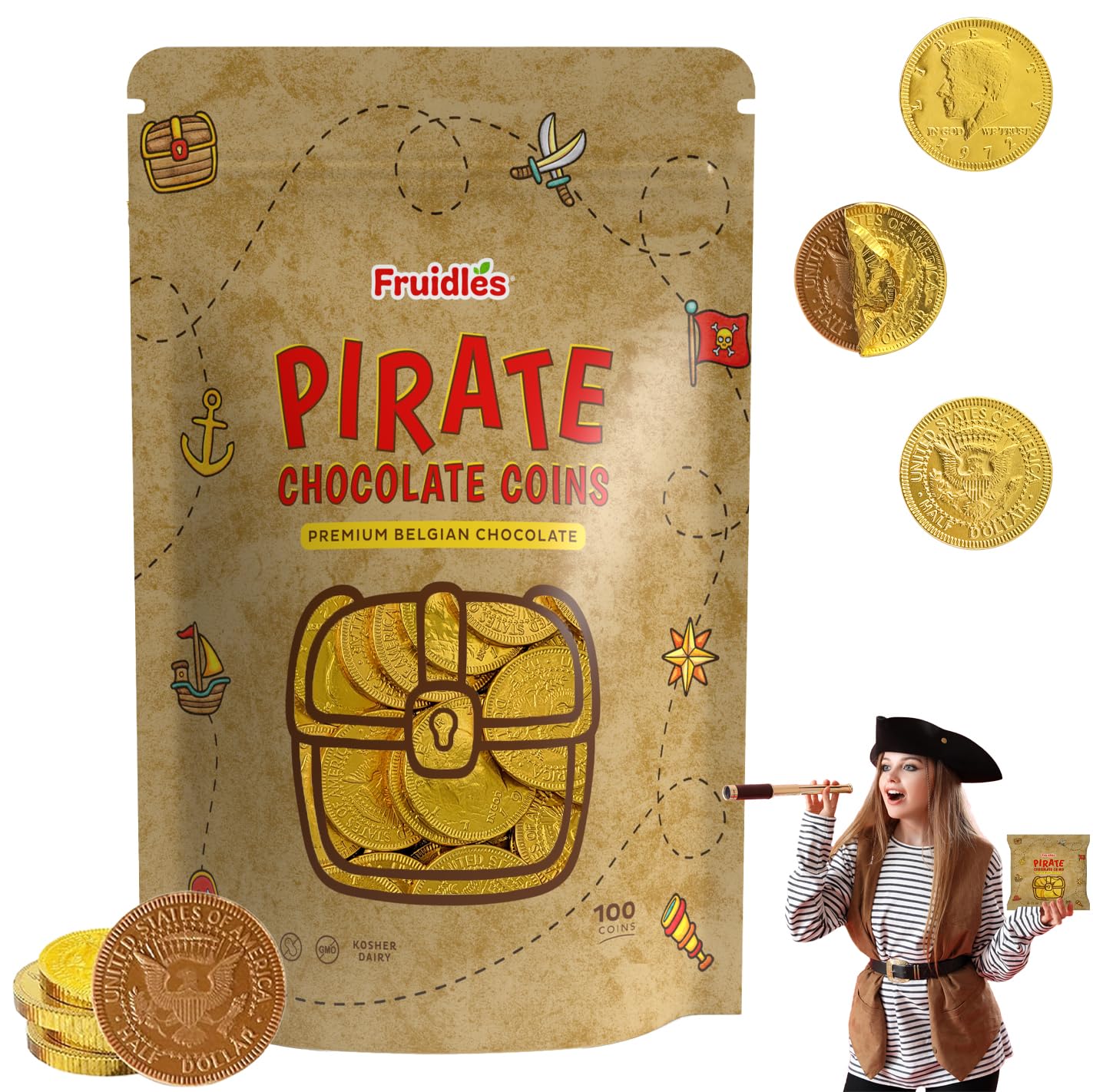 Fruidles Pirate Belgian Milk Chocolate Coins, Kosher, Non-GMO, Pack of 100