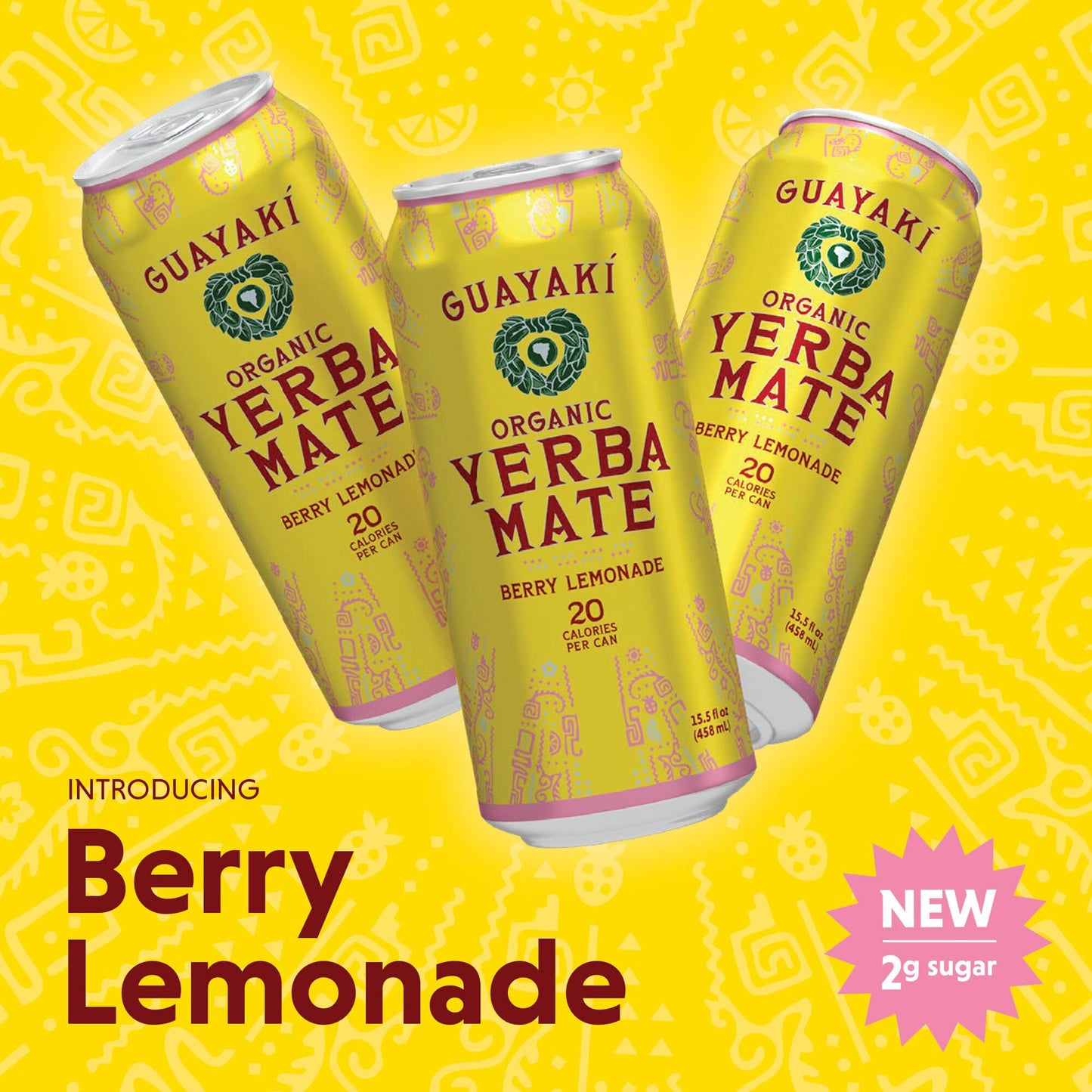 Guayaki Yerba Madre Organic Yerba Mate, Berry Lemonade, Low Sugar, 150mg Caffeine, 15.5 Oz (Pack of 12)