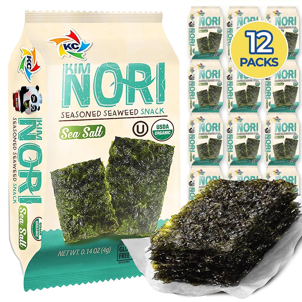 Kimnori Seasoned Seaweed Snacks Sheets - Organic Sea Salt Flavor 12 Individual Packs Roasted Crispy Premium 100% Natural Laver K