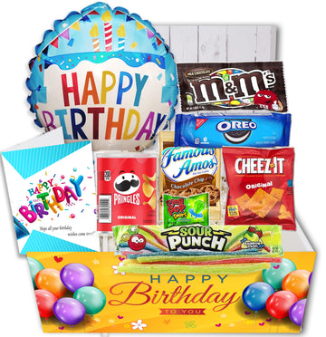 Beyond The Box Birthday Gift Basket - Candy Variety Pack with Happy Birthday Balloon, Snacks & Greeting Card for All Ages