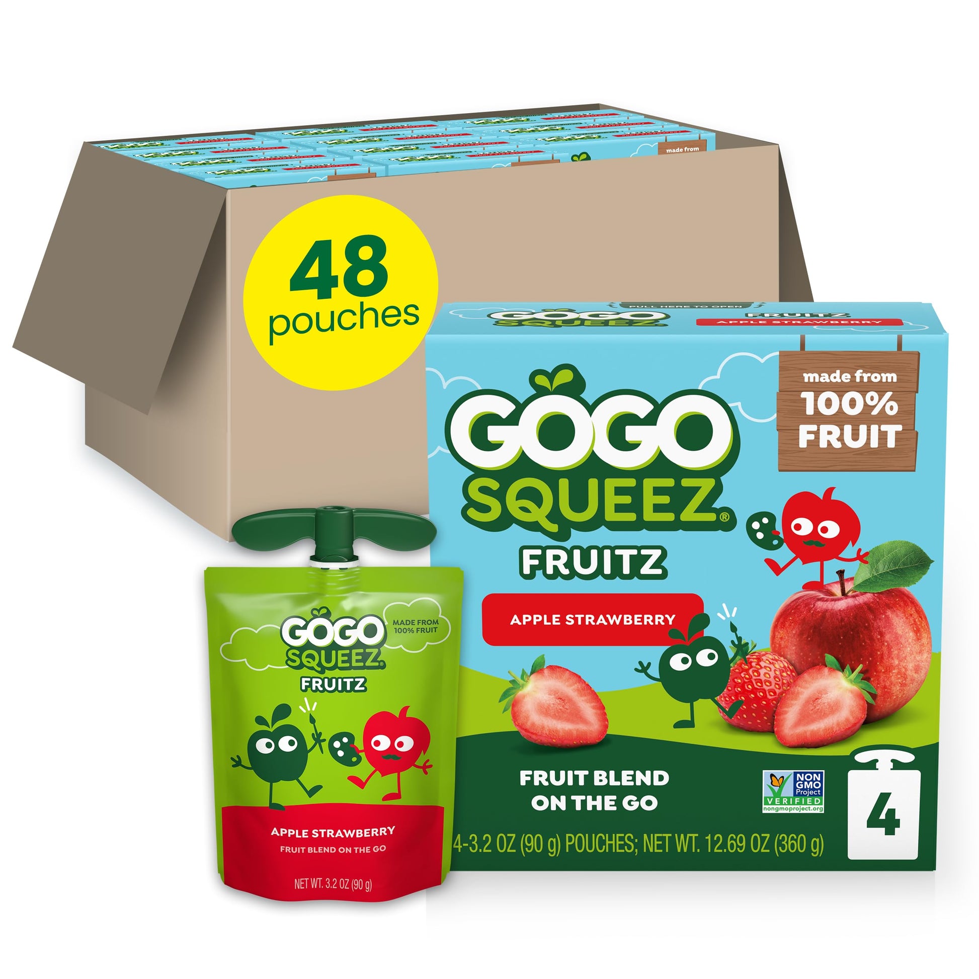 GoGo SqueeZ Applesauce and Fruit Puree, Apple Strawberry, 3.2 oz Pouches, Pack of 48, Gluten Free, Nut Free, BPA Free