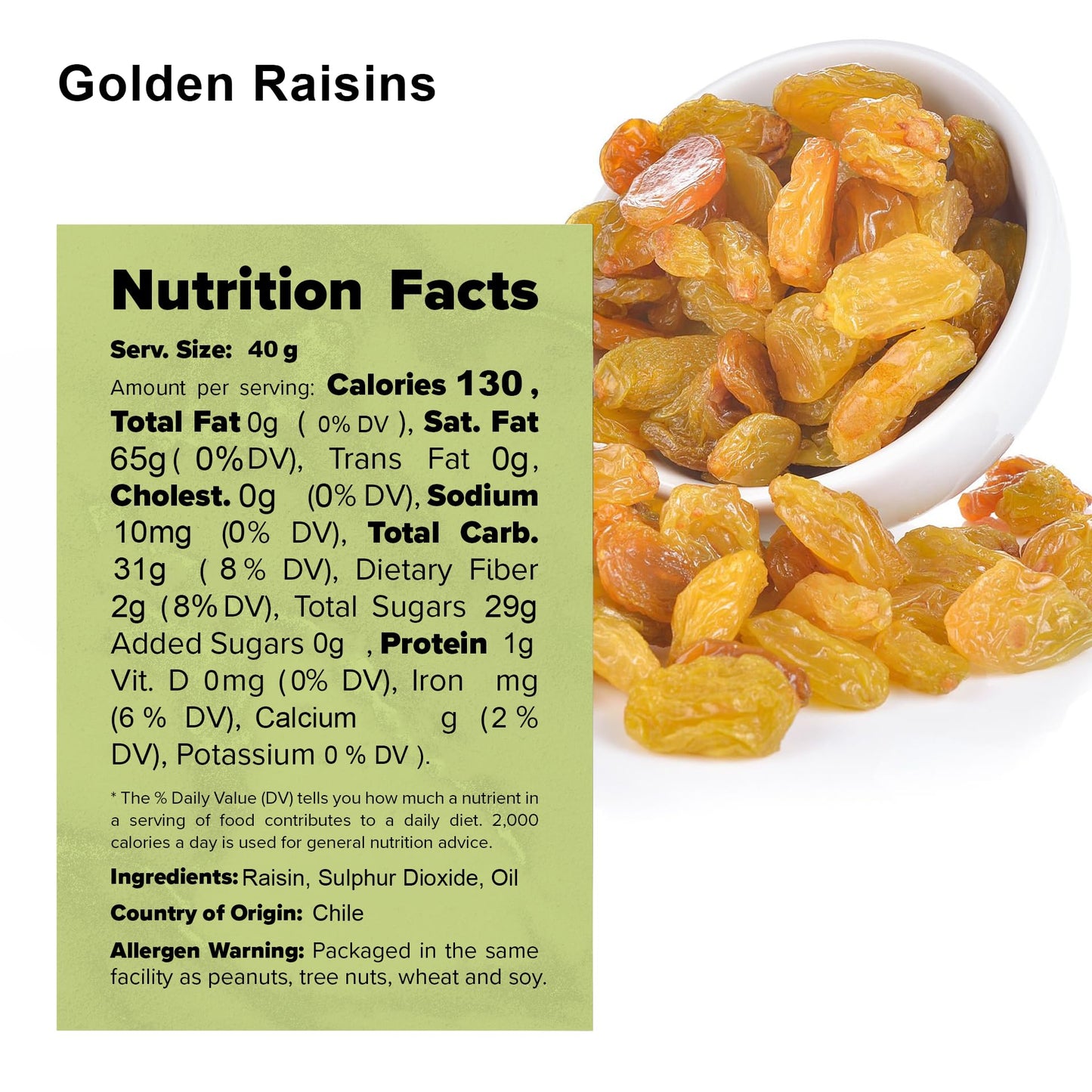 NUTS U.S. Golden Raisin - All Natural, Non-GMO, No Added Sugar, Jumbo Size, 1 LB, Resealable Bag