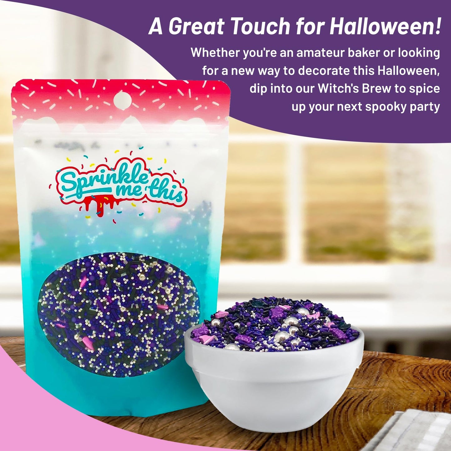 A Witch s Brew - 8 Oz Resealable Bag - Halloween Themed Cake and Cupcake Sprinkles - Features Purple Spiders, Witch s Hats, Pu