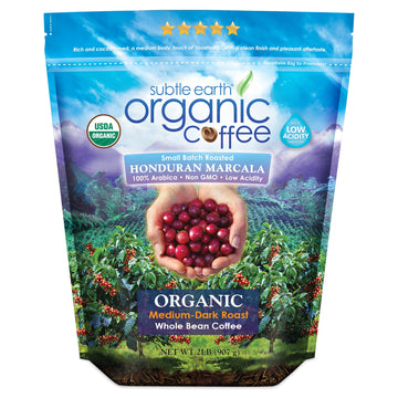 2Lb Subtle Earth Organic Coffee - Medium-Dark Roast - Whole Bean Coffee - 100% Arabica Beans - Low Acidity And Non-Gmo - 2Lb Bag