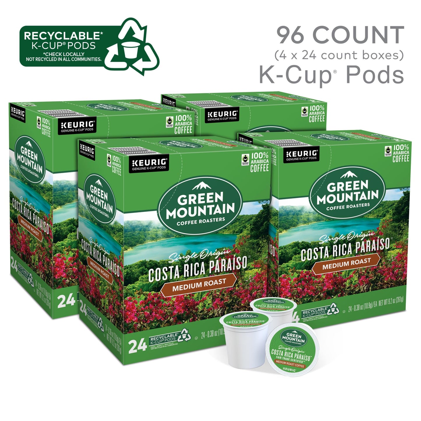 Green Mountain Coffee Roasters Costa Rica Paraiso, Single-Serve Keurig K-Cup Pods, Medium Roast Coffee, 96 Count (Pack Of 4)