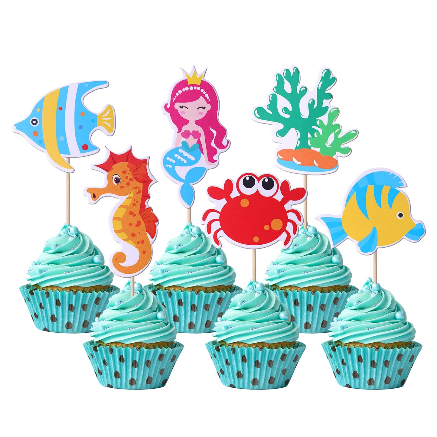 36 Pack Mermaid Cupcake Toppers Glitter Starfish Hippocampus Seaherbal Product Ocean Sea Animal Creature Mermaid Cupcake Picks Kids Birthday Baby Shower Summer Cake Decorations Party