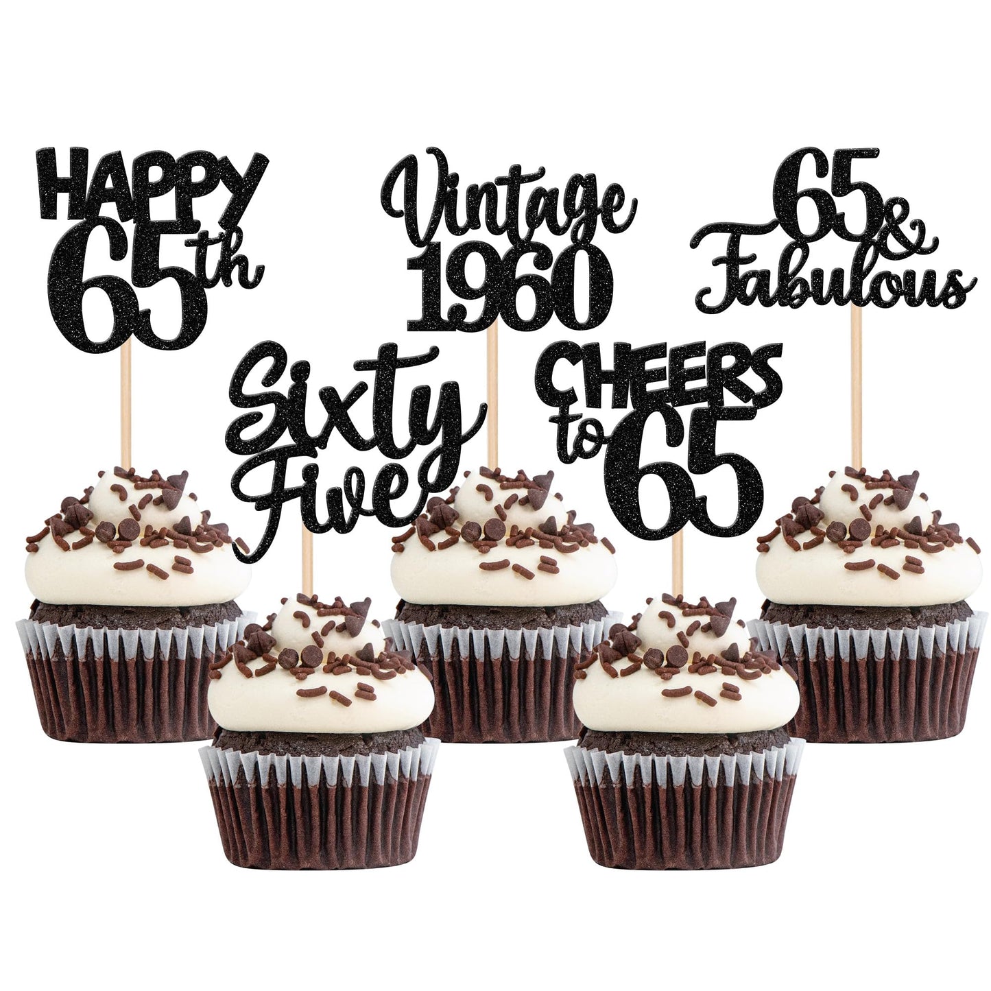 30Pcs Happy 65Th Birthday Cupcake Toppers Glitter Sixty Five Vintage 1958 Cupcake Picks 65 Fabulous Cheers To 65 Years Cake Deco