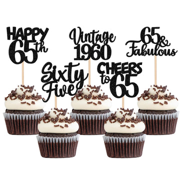 30Pcs Happy 65Th Birthday Cupcake Toppers Glitter Sixty Five Vintage 1958 Cupcake Picks 65 Fabulous Cheers To 65 Years Cake Deco