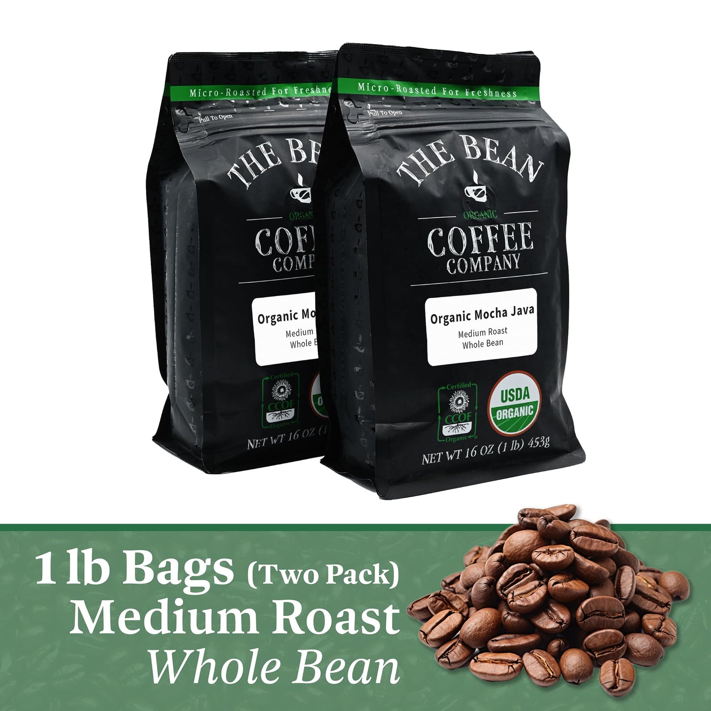 The Bean Organic Coffee Company Mocha Java, Medium Roast, Whole Bean Coffee, 16-Ounce Bags (Pack Of 2)