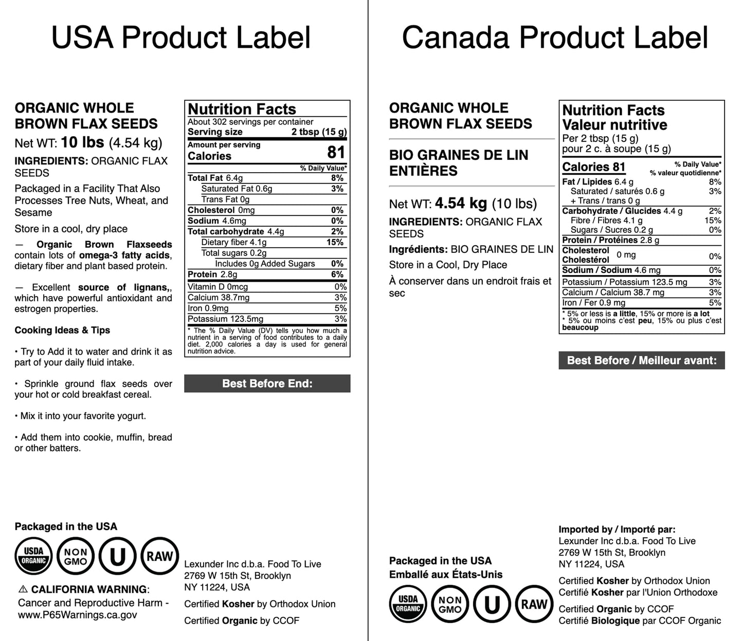 Food to Live Organic Brown Flax Seeds, 10 Pounds - Whole Raw Flaxseeds, Non-GMO, Unroasted, Dried, Kosher, Vegan. Rich in Omega-