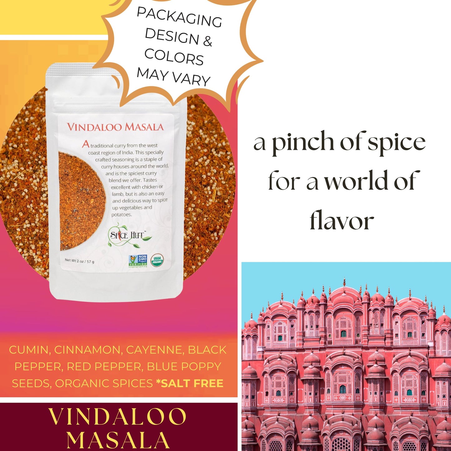 The Spice Hut Organic Vindaloo Masala Powder, Salt-Free, Vegan, 2oz Pack