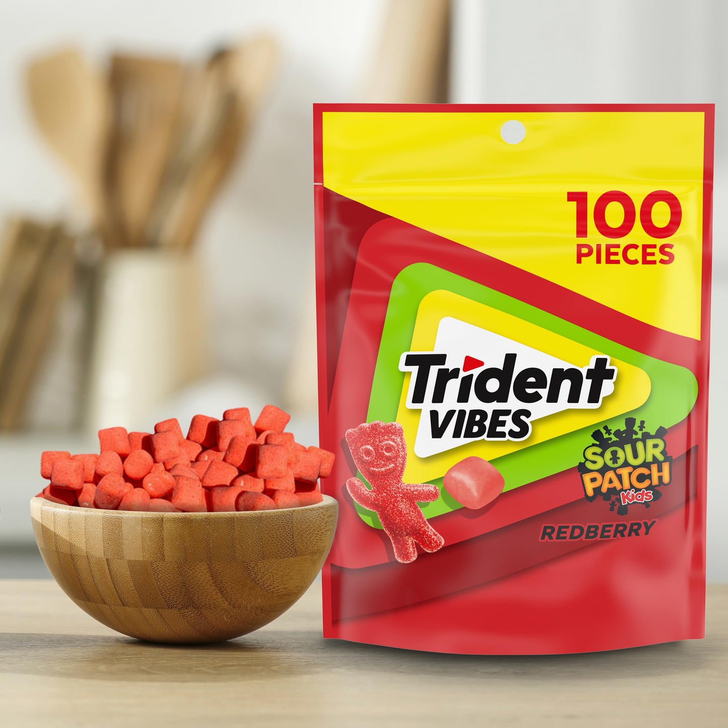 Trident Vibes Sour Patch Kids Redberry Sugar Free Chewing Gum, Resealable Pouch, Pack Of 1 (100 Pieces)