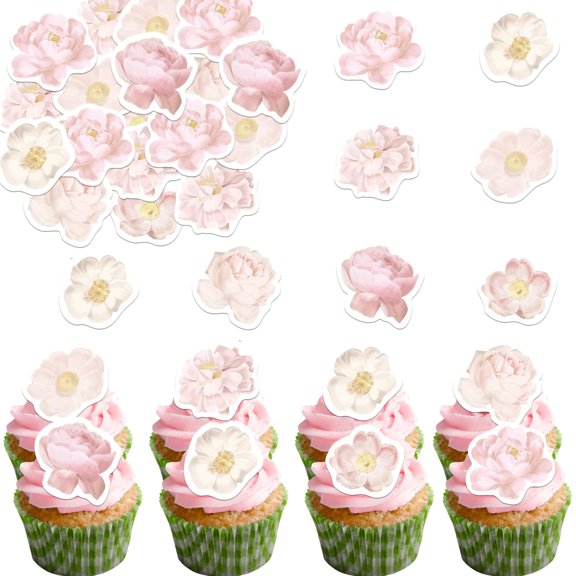 Fyeoxle 48Pcs Edible Rose Flowers Cupcake Toppers Edible Pink Rose Flowers Cupcake Decor Wafer Paper Wedding Flowers Cupcake Picks For Flowers Theme Engagement Birthday Party Decor Supplies