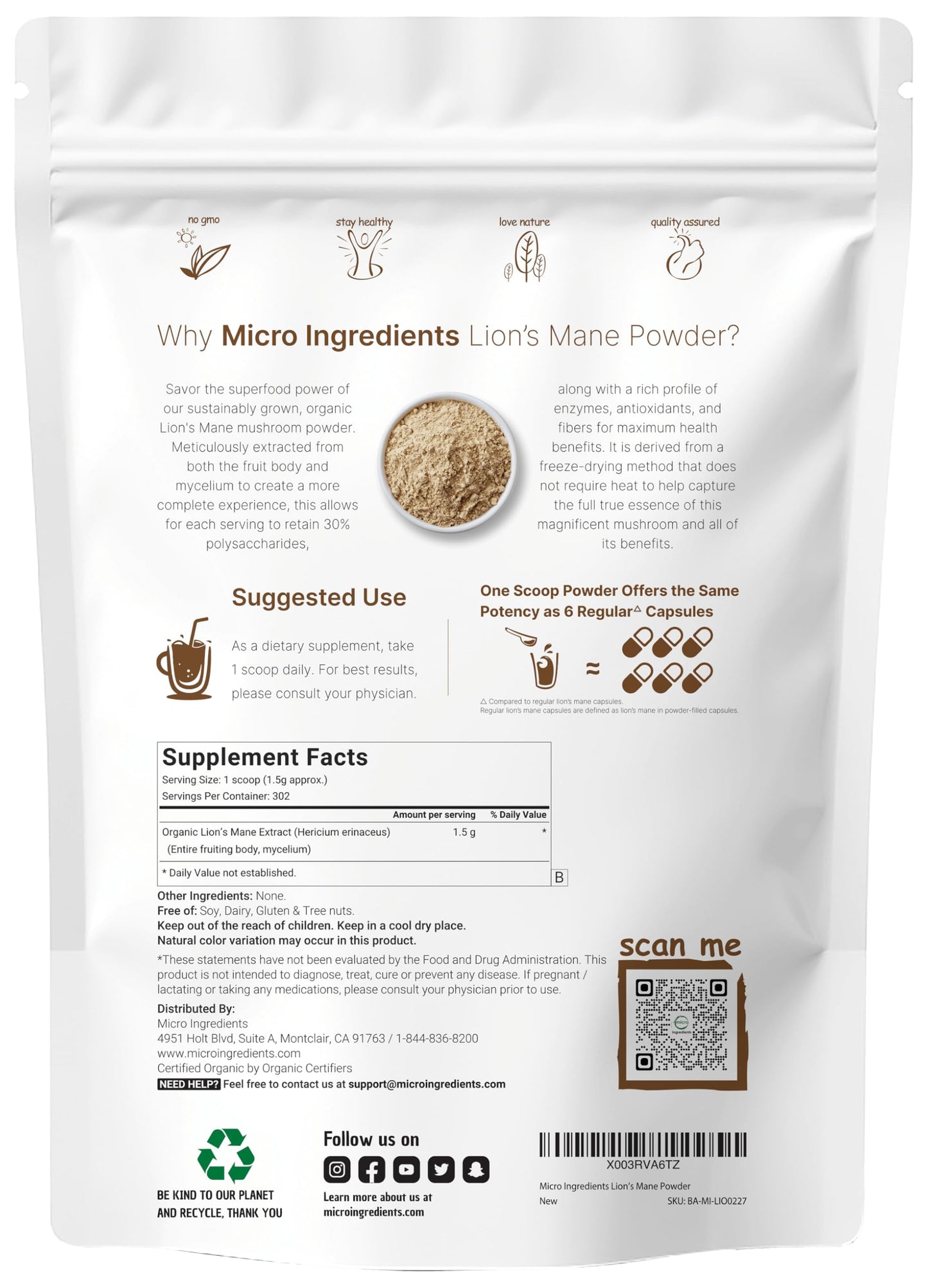 Micro Ingredients Organic Lions Mane Mushroom Powder, 16oz | Pure Fruiting Body Superfood | Supports Brain, Focus, Energy & Immu