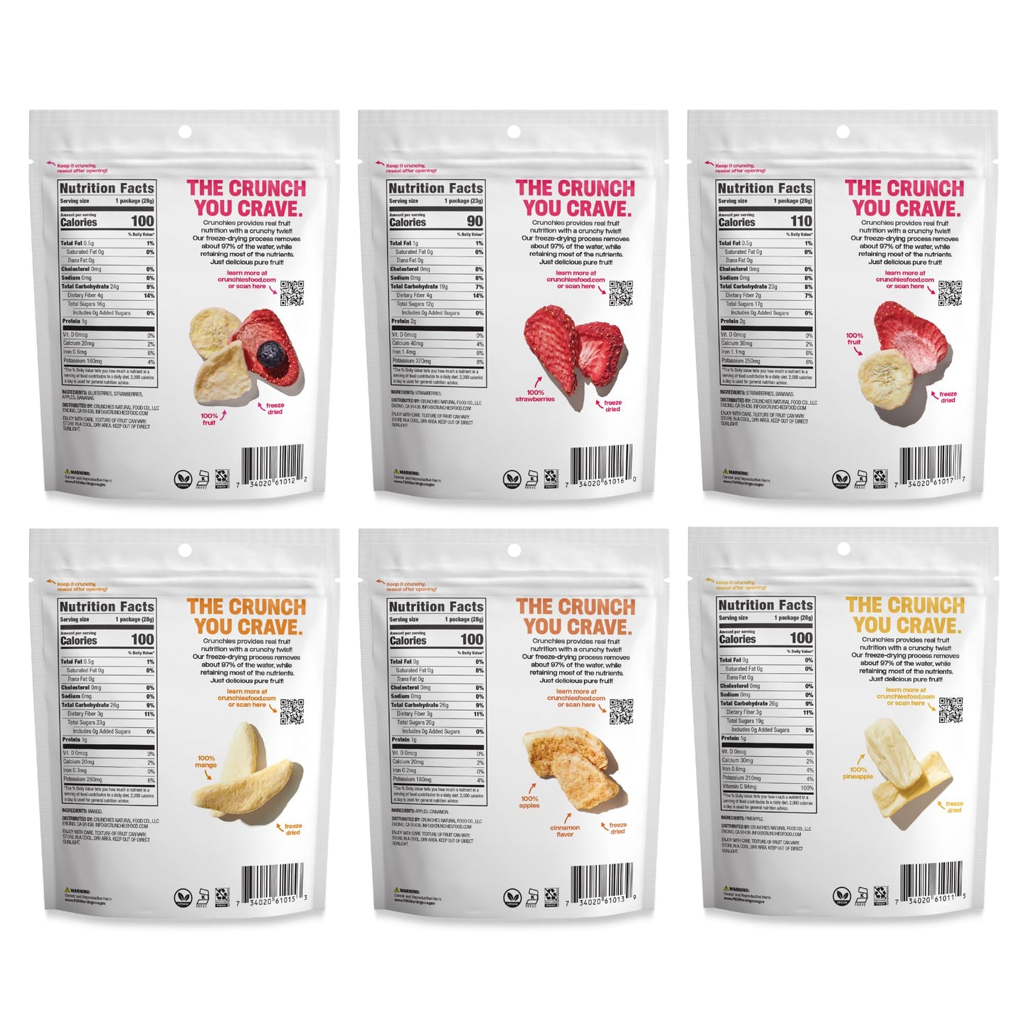 Crunchies Freeze-Dried Fruit Snack Packs, 100% All Natural, Non-GMO, Variety Pack, 6 Piece Assortment