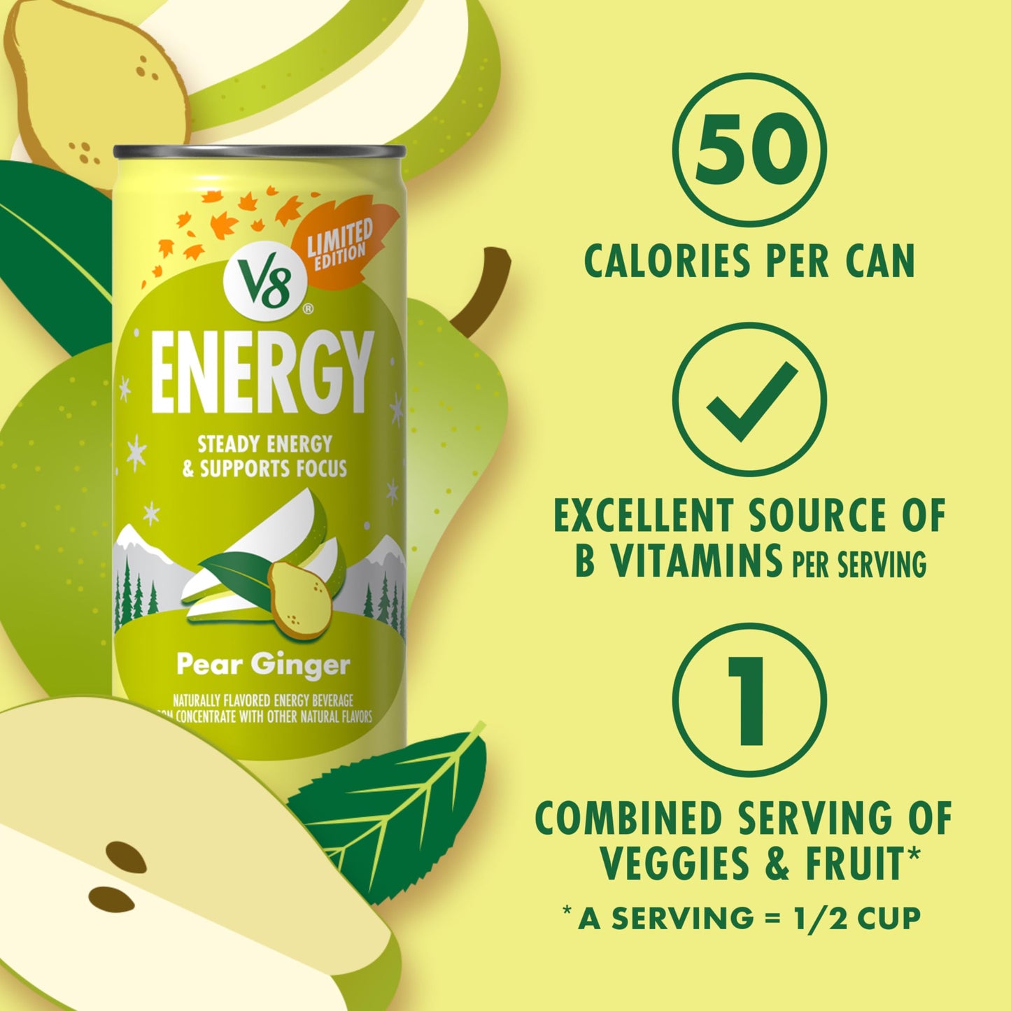 V8 Energy Pear Ginger Drink, Pack of 24 (8 fl oz) – Refreshing Energy Boost in Convenient Cans