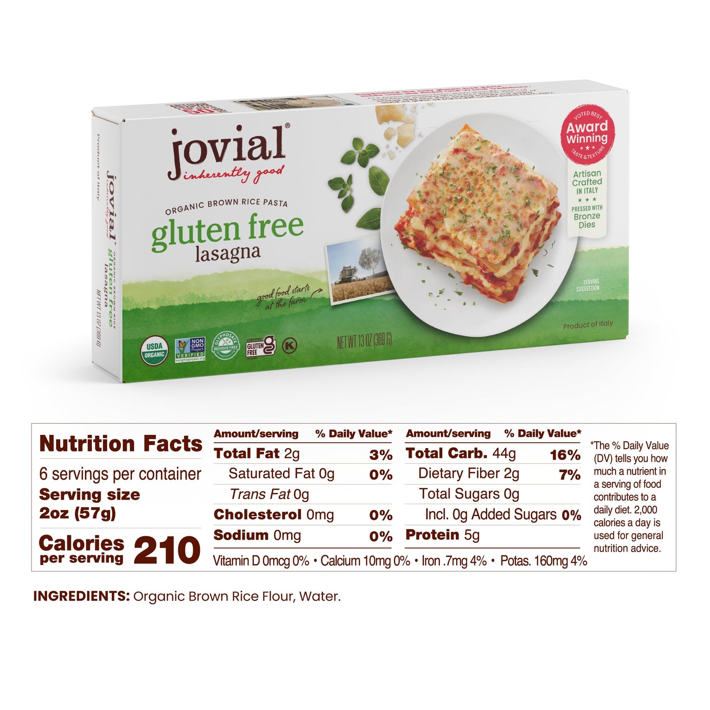 Jovial Gluten Free Lasagna Noodles, Organic Brown Rice Pasta, Dairy Free, Glyphosate Free, 13 Oz, 6 Pack