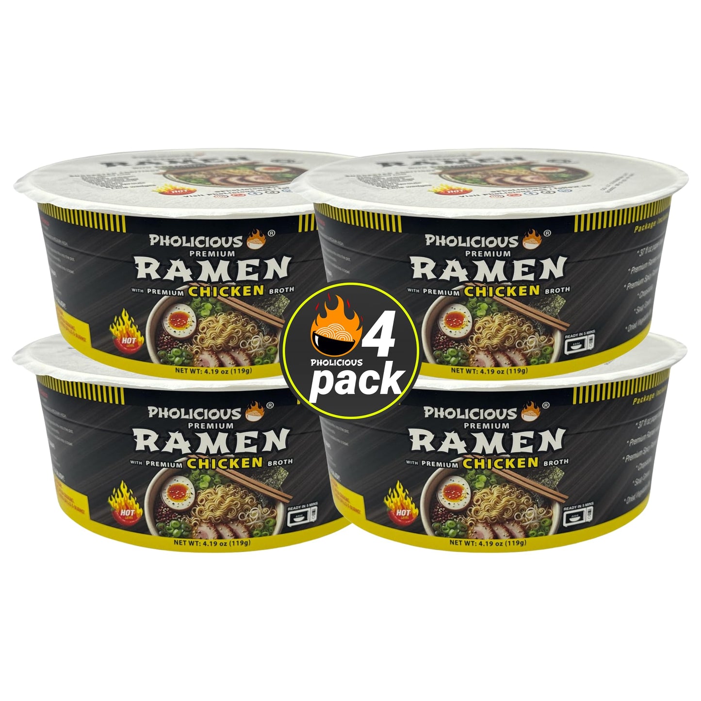 PhoLicious All New Spicy Chicken Ramen Noodles - Premium Instant Ramen Bowl with Real Broth Mix with Spices, Asian Food, Microwa