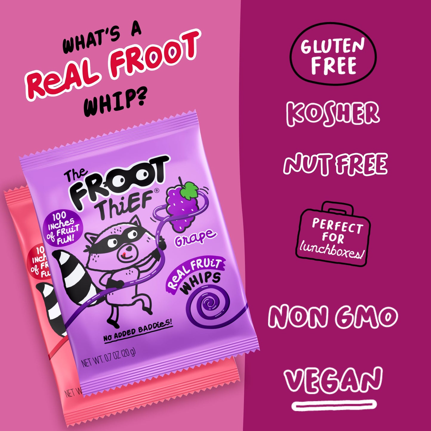 The FROOT Thief Real Fruit Snack Whips BIG Variety Pack, Nut Free, Individual Bags for Kids School Lunches, 10xStrawberry, 10xGr