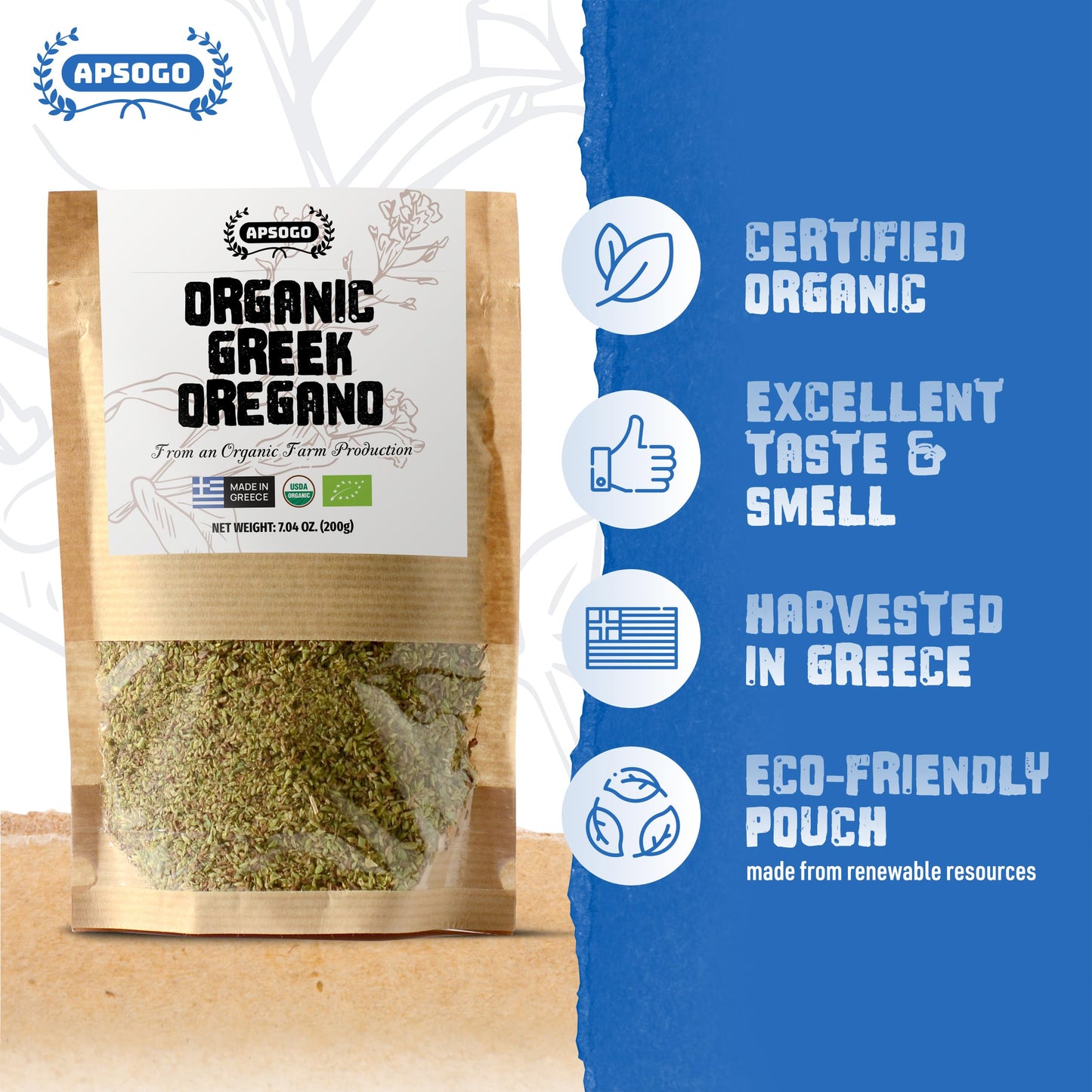 Apsogo Oregano - Organic Dried Oregano Produced In Greece - Premium Quality & Excellent Taste (7.05Oz (Pack Of 1))