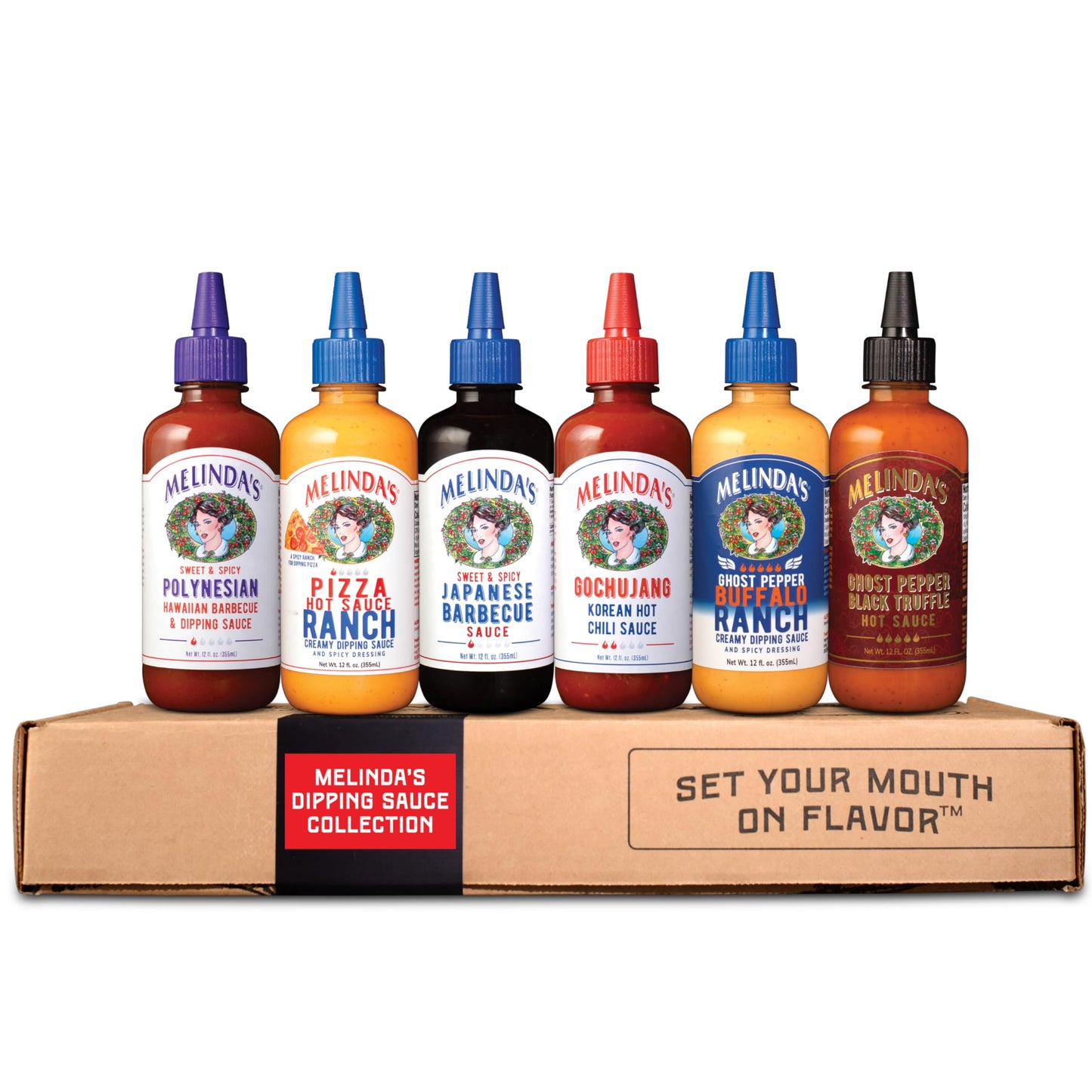Melindas Dipping Sauce Gift Set, 6 Pack - Ghost Pepper, Buffalo Ranch, Pizza Ranch, Polynesian, Korean Gochujang, Hot Habanero Honey Mustard, 12