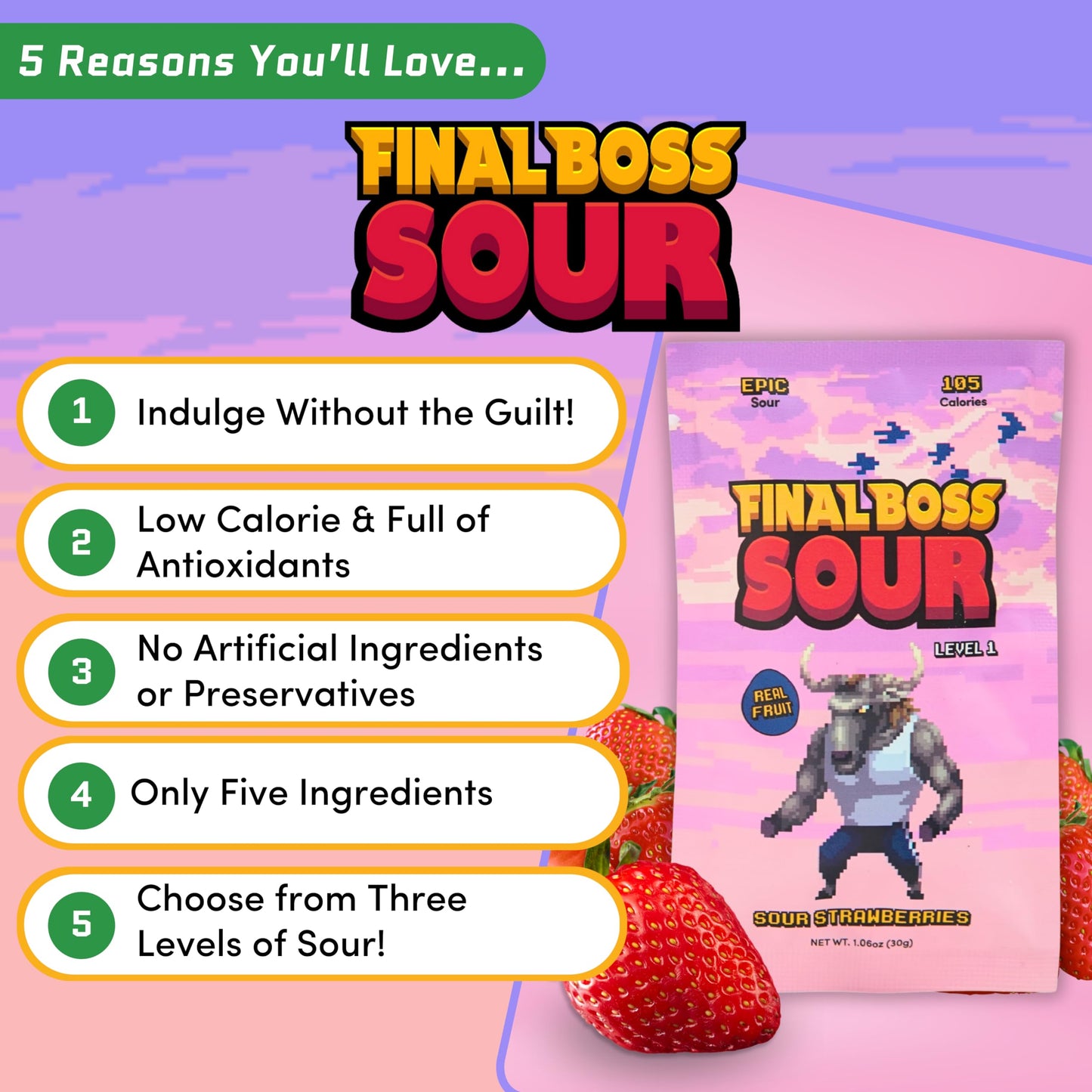Final Boss Extremely Super Sour Candy, Natural Chewy Strawberry Gummies Made With Dried Fruit, Free Of Artificial Colors, Low Ca