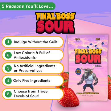 Final Boss Extremely Super Sour Candy, Natural Chewy Strawberry Gummies Made With Dried Fruit, Free Of Artificial Colors, Low Ca