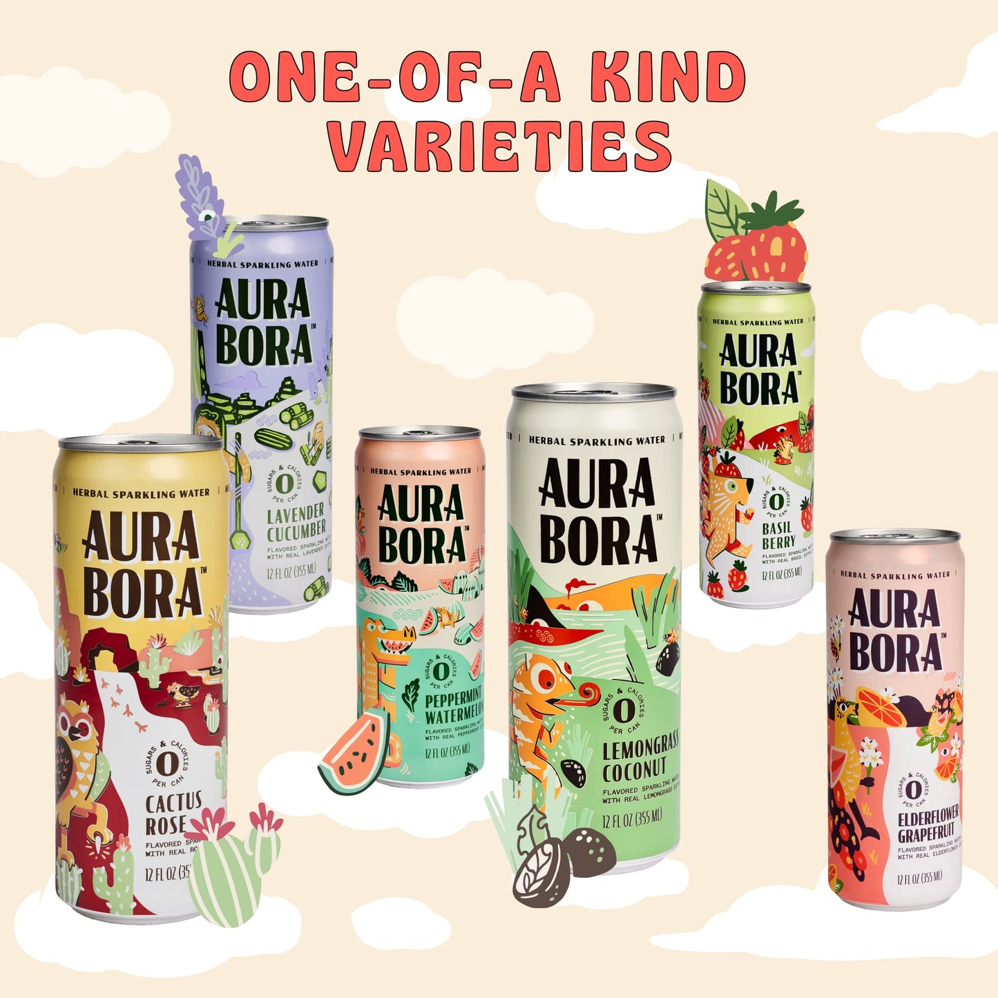Aura Bora, Strawberry Basil Herbal Sparkling Water, 12 oz Can (Pack of 12), 0 Calories, 0 Sugar, 0 Sodium, Non-GMO
