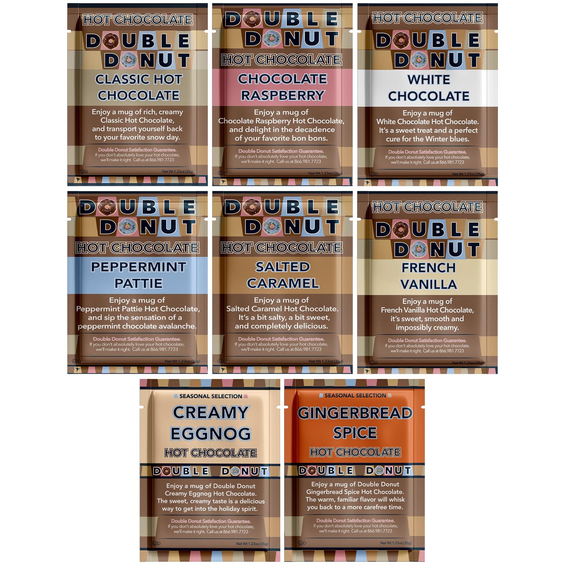 Double Donut Coffee Hot Chocolate Variety Pack, 18 Count - Classic, Chocolate Raspberry, Salted Caramel, Peppermint, 1.23 oz each