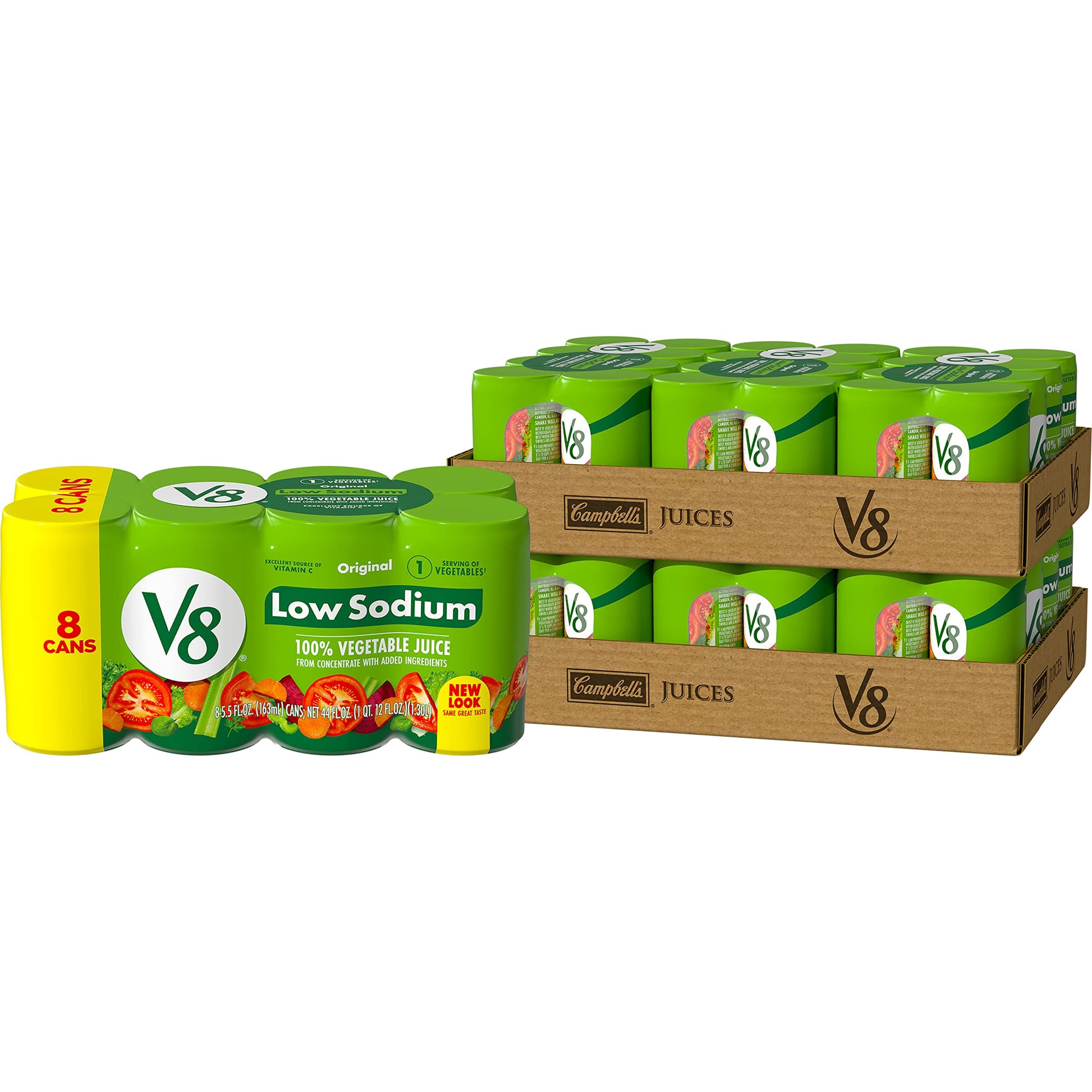V8 Low Sodium Original 100% Vegetable Juice, Vegetable Blend With Tomato Juice, 5.5 Fl Oz Can (6 Packs Of 8)
