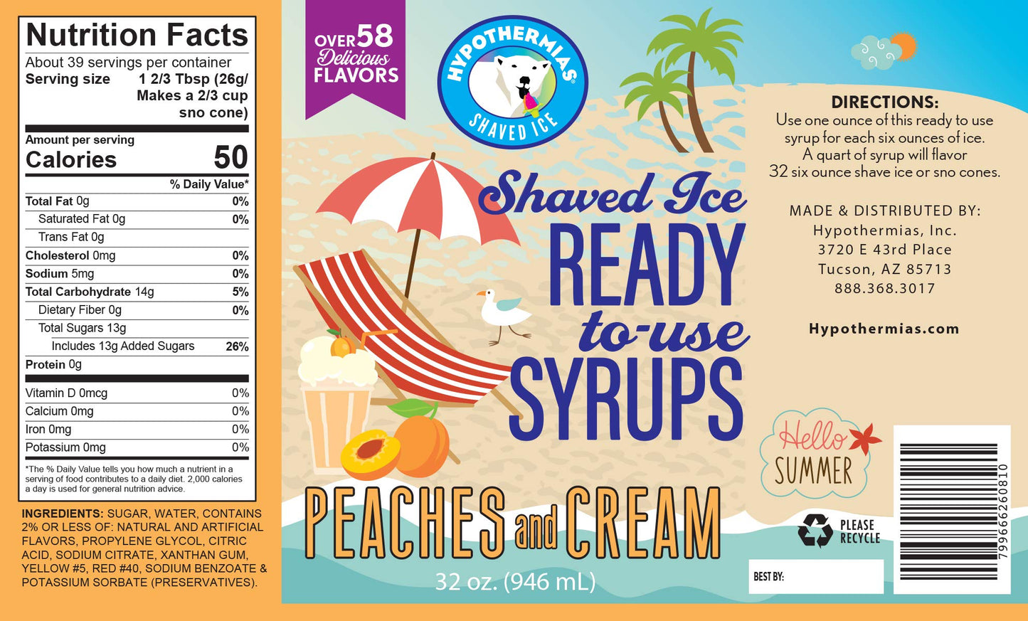 Hypothermias Shaved Ice & Snow Cone Syrup - Quart (32 Fl. Oz) - Peaches And Cream - Made With Non-Gmo 100% Pure Cane Sugar, No C