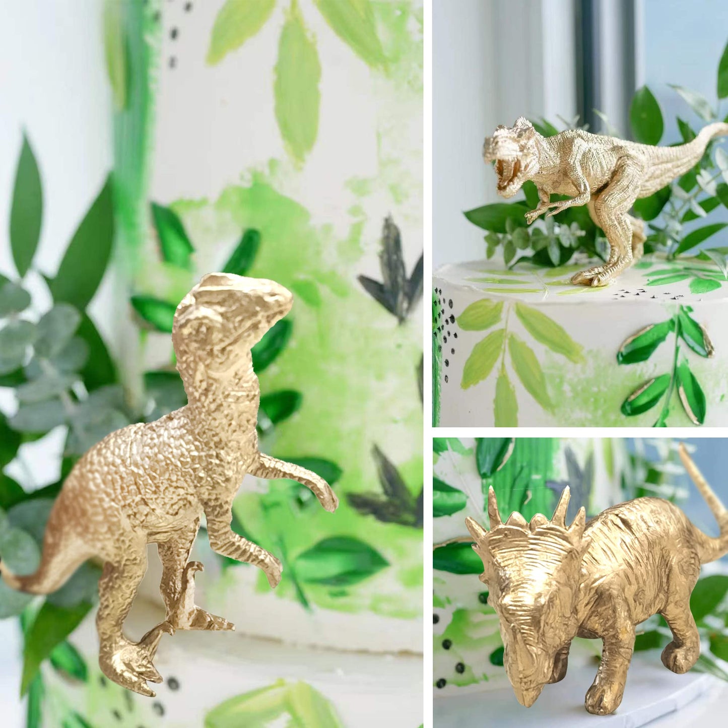 16 Pcs Metallic Gold Dinosaur Cake Decorations Dino Theme Cake Topper With Artificial Palm Leaves Dinosaur Eggs For Kids Boys Gi