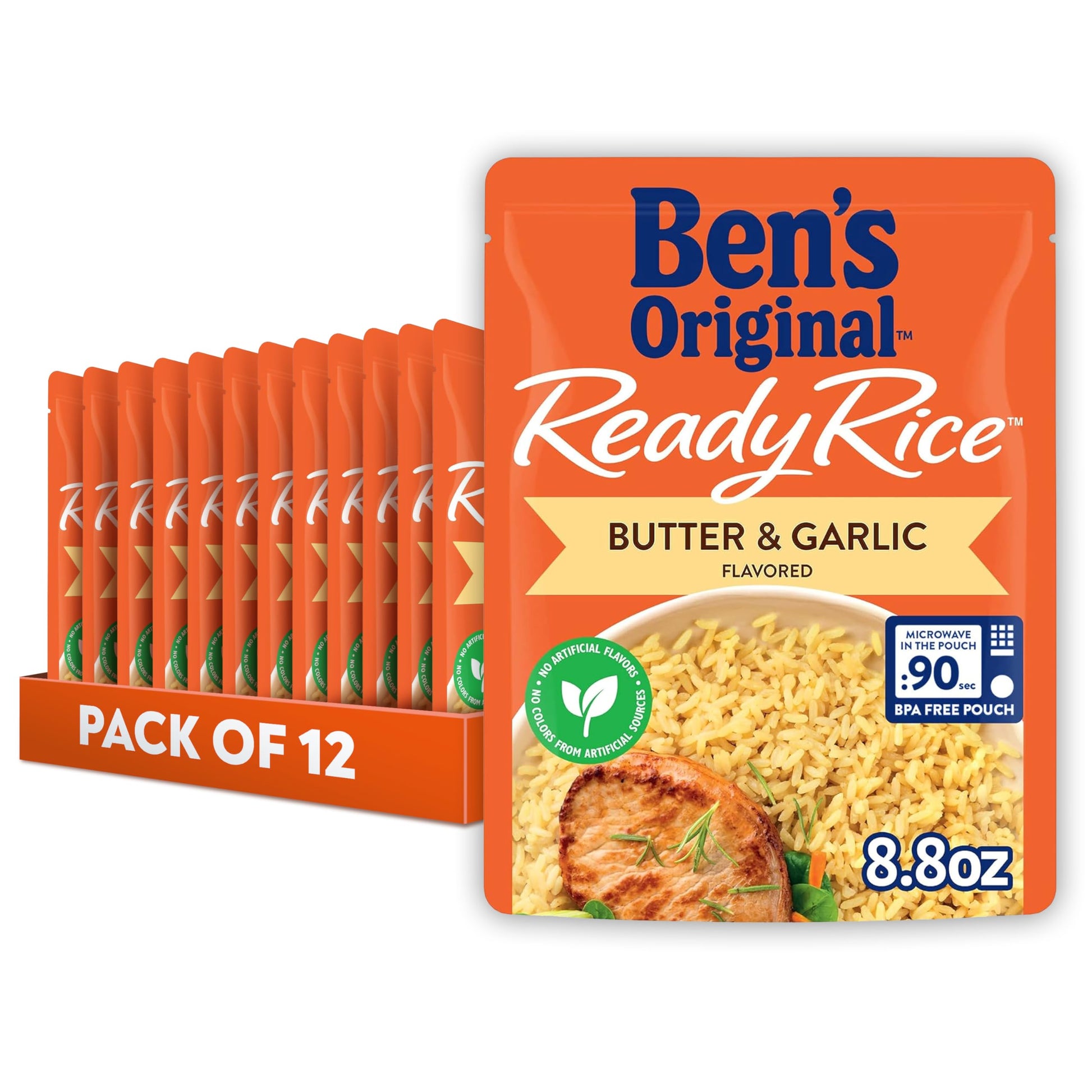 BEN S ORIGINAL Ready Rice Butter and Garlic Flavored Rice  Easy Dinner Side  8.8 oz Pouch (Pack of 12)