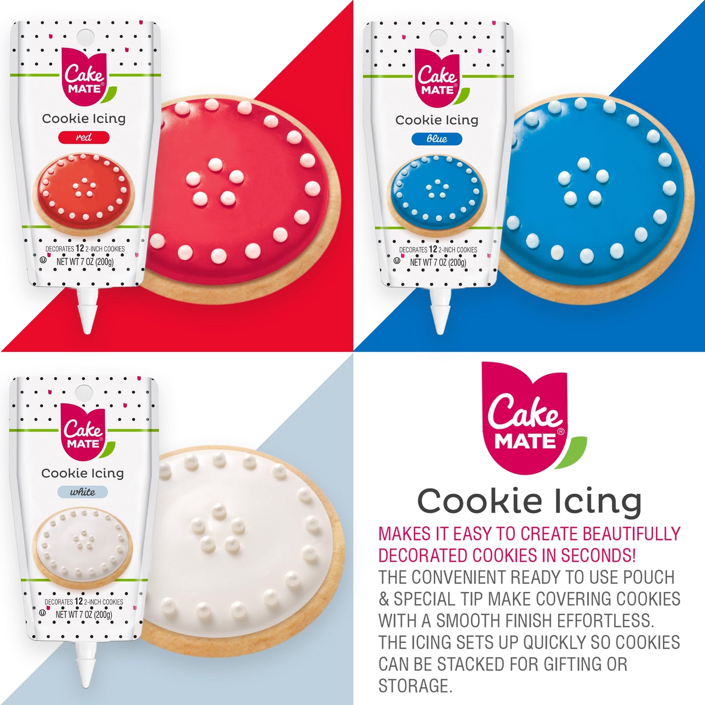Cake Mate Patriotic Decorating Kit - Red & Blue Sugar, Sprinkles, Icing - 2.25 oz, 1.75 oz, 7 oz - Perfect for Cookies, Cakes, Cup