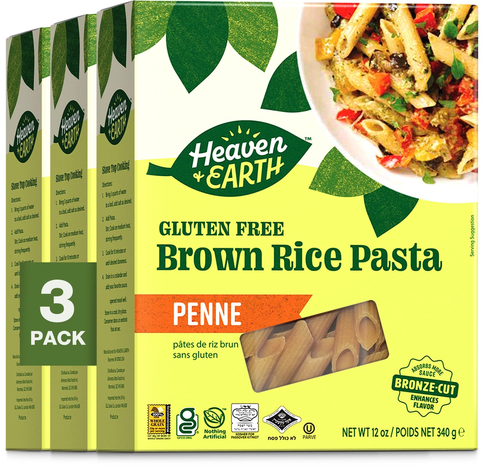 Heaven & Earth Brown Rice Gluten Free Penne, 12oz (3 Pack) | Whole Grain | Gluten Free Pasta | Amazing Texure - Tastes Like Regu