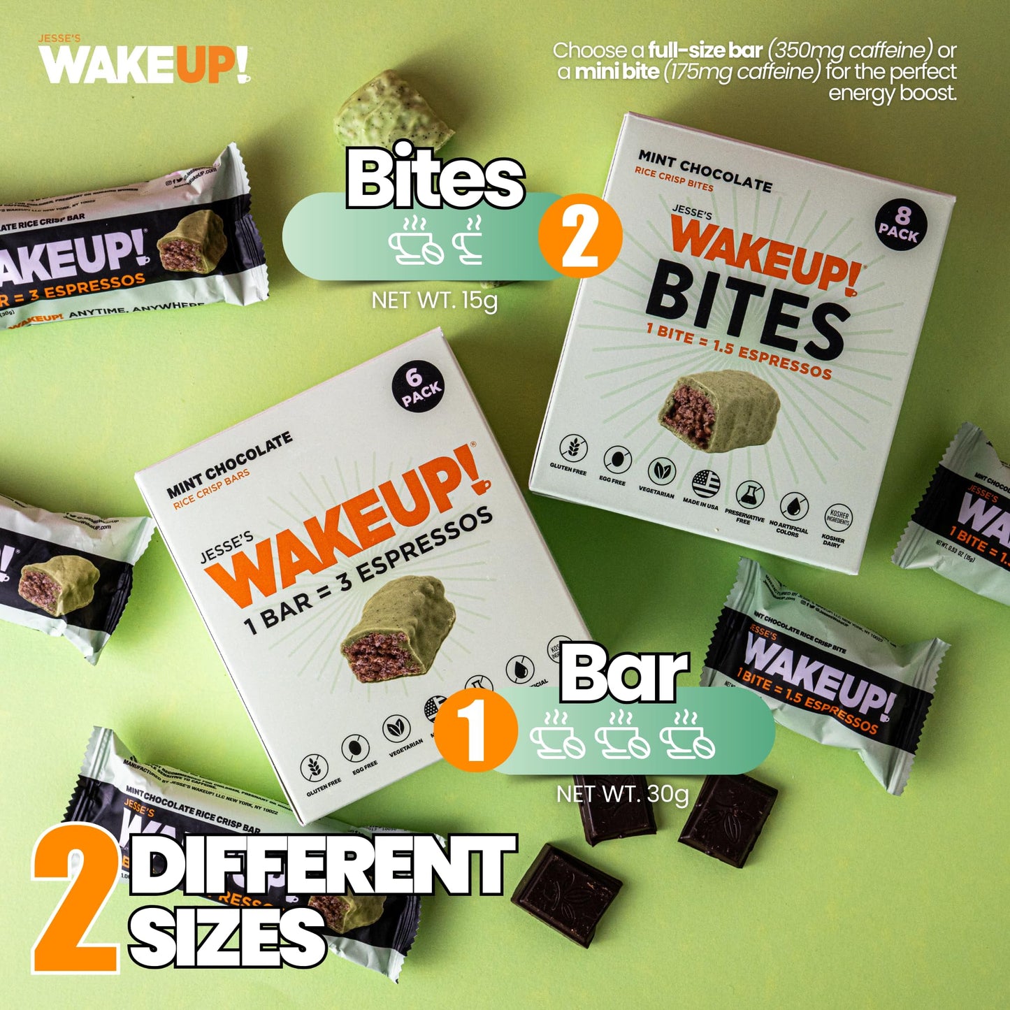 Wake Up! Mint Chocolate Caffeinated Protein Bites (1 Bite = 1.5 Espressos) – 175Mg Clean Caffeine For Energy, Focus & Happy Mornings – Gluten-Free, Kosher Ingredients, Vegetarian – Proprietary Blend For Smooth, Jitter-Free Energy – 8 Pack