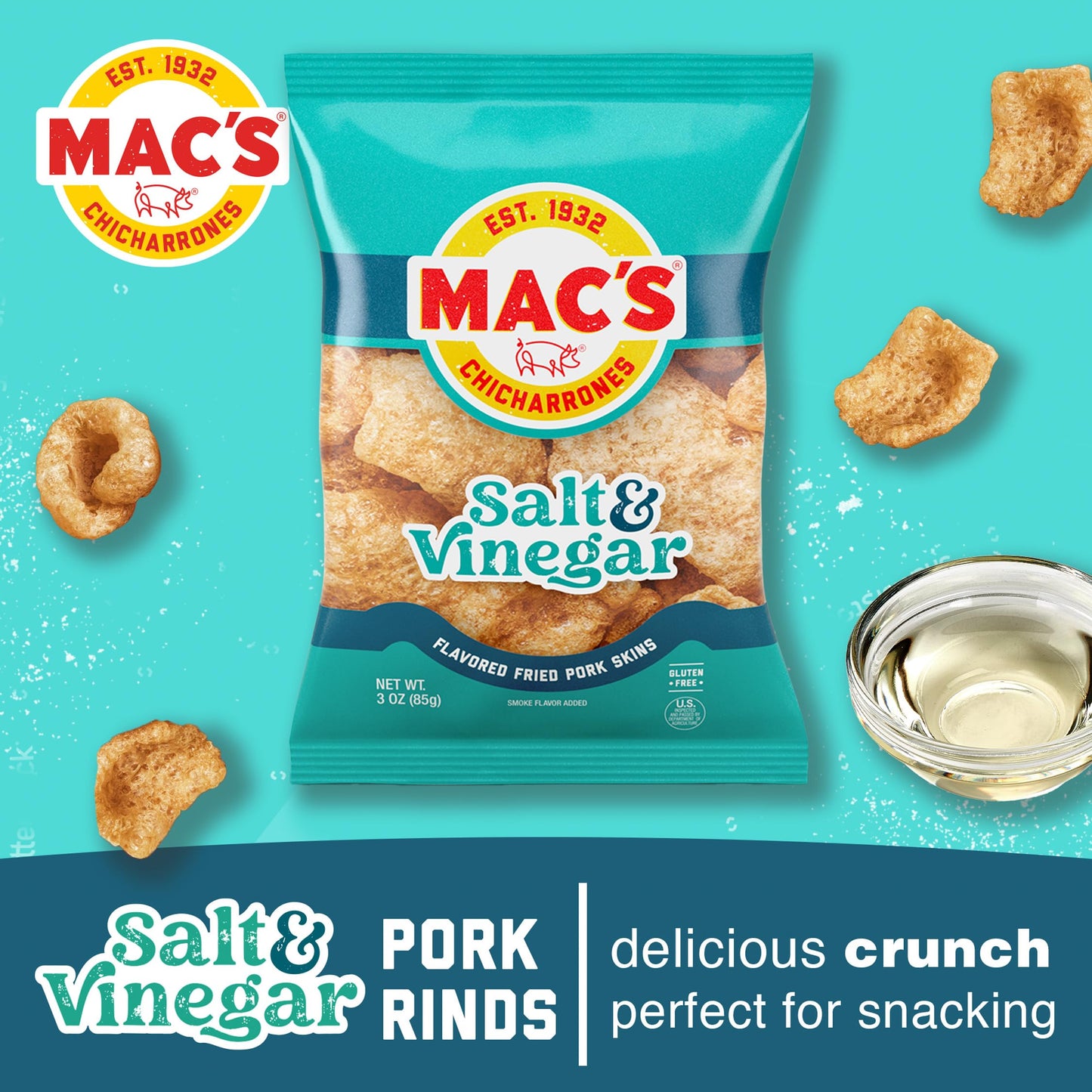 Macs Salt & Vinegar Fried Pork Skins - Salt & Vinegar Flavored Chicharrones Pork Rinds - Low Carb, Gluten-Free, Keto-Friendly S