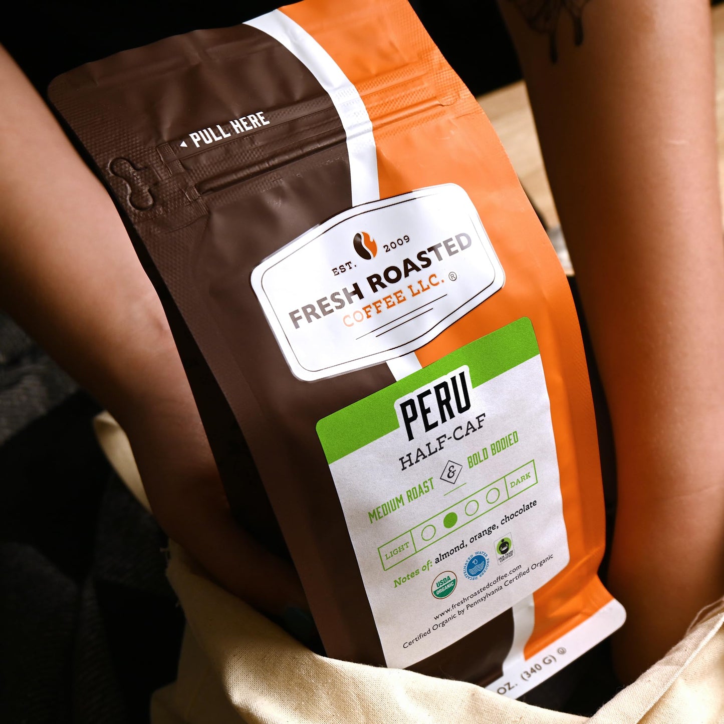 Fresh Roasted Coffee Organic Peru Half-Caf, Mold & Myco Tested, USDA Organic, Med Roast, 12 oz Whole Bean