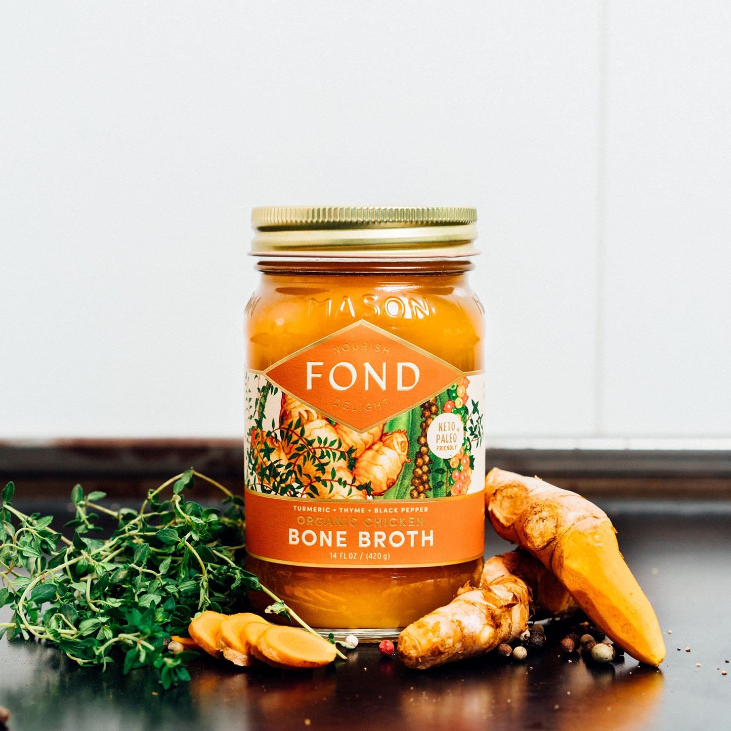 FOND Regenerative Pasture-Raised Chicken Bone Broth Infused with Organic Turmeric & Black Pepper - Slow-Simmered Chicken Broth f