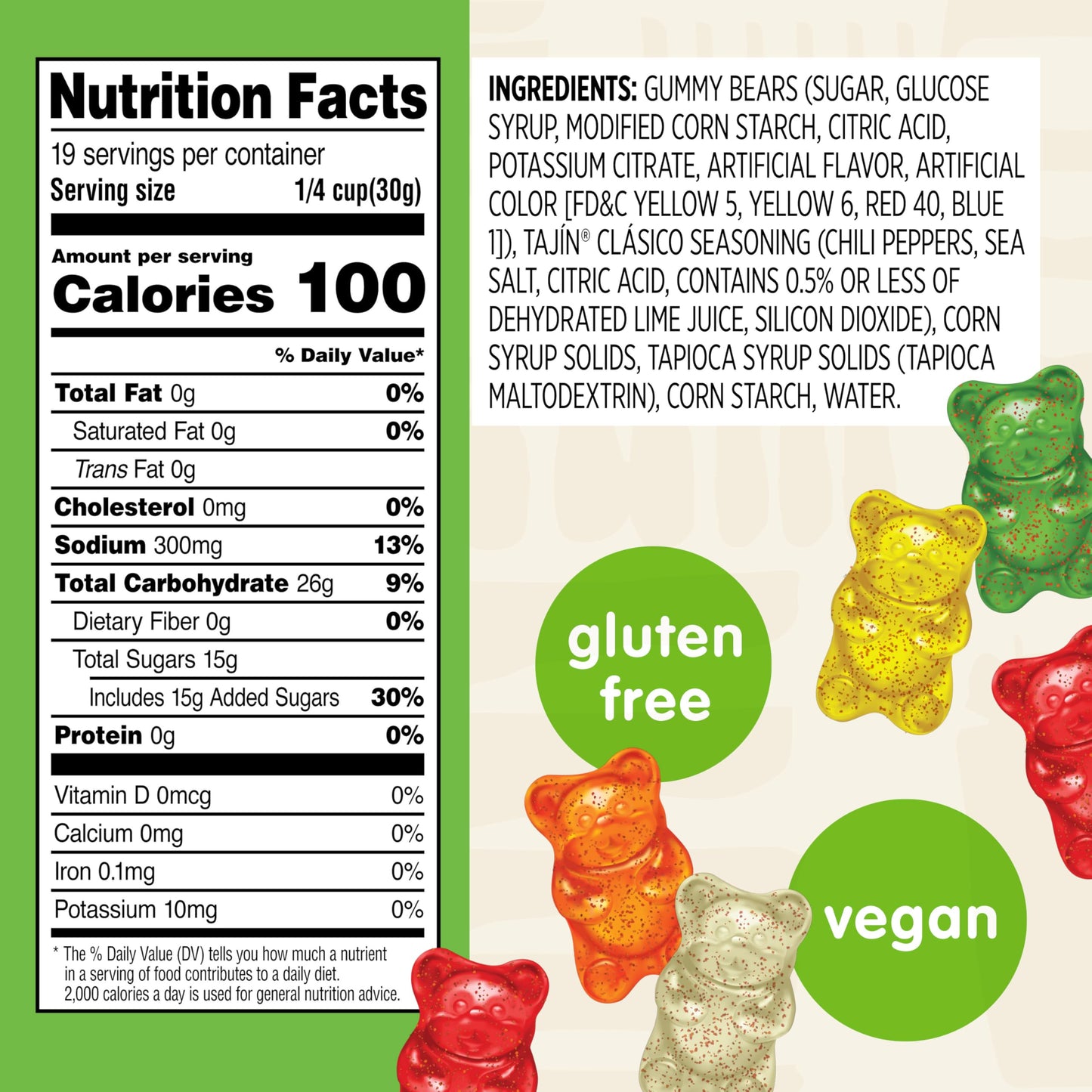 Snak Club Tajin Gummy Bears, Assorted Fruit Candy Gummies with Chili and Lime Seasoning, Mild, Gluten-Free and Vegan Snacks, 20
