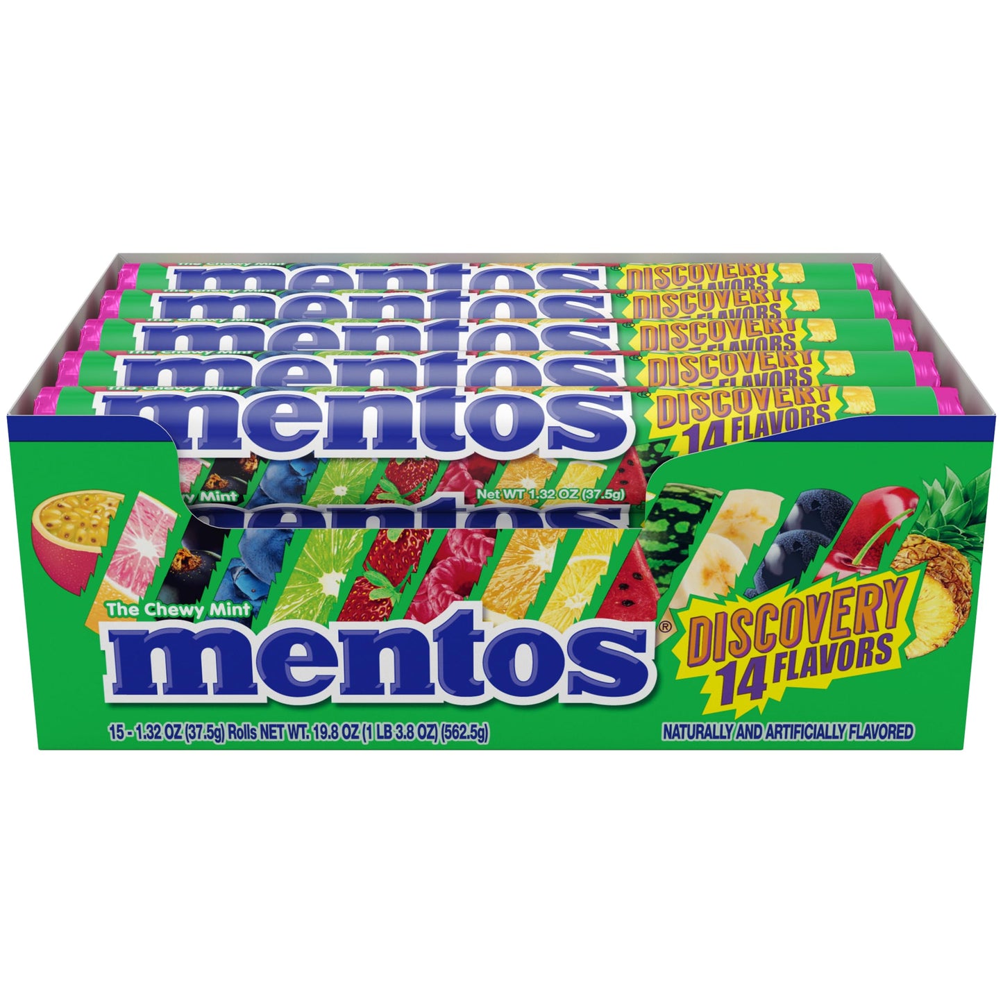 Mentos Chewy Mint Candy Roll, Holiday Candy for Christmas Stocking Stuffers for Adults & Kids Discovery, 14 Assorted Fruit Flavo