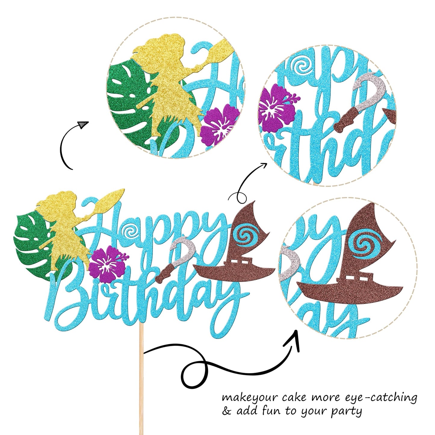 1 Pcs Moana Happy Birthday Cake Topper Glitter Palm Leaf Flower Moana Cake Pick For Tropical Hawaiian Luau Theme Baby Shower Kid