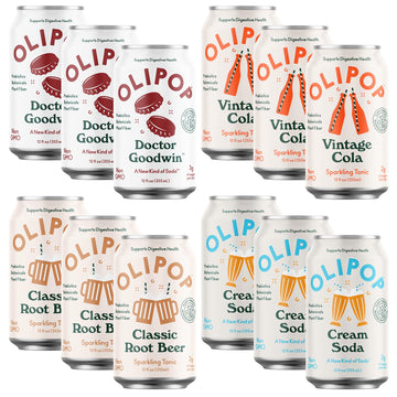 OLIPOP - 4-Flavor Sparkling Tonic Retro Greatest Hits Variety Pack, Prebiotic Soda Sampler, Rich in Botanicals,High Fiber, Vegan