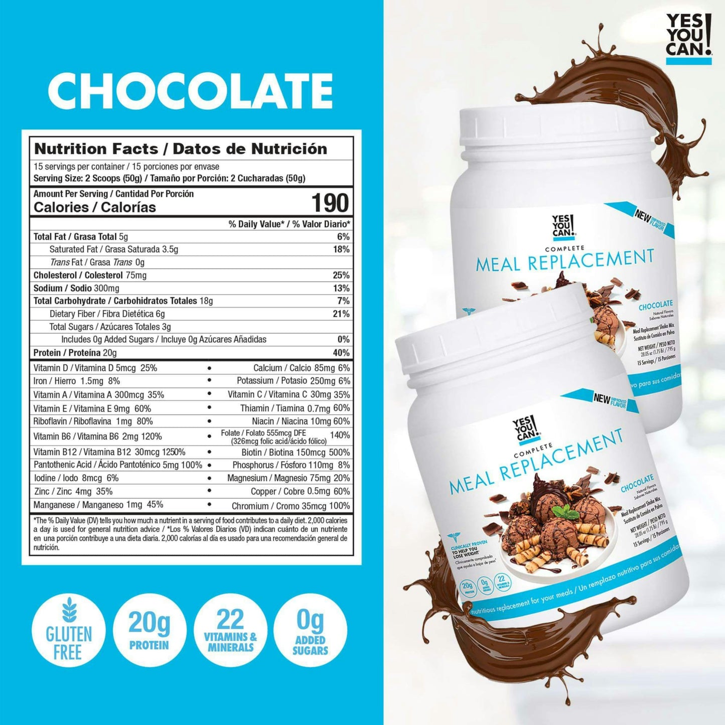 Yes You Can! Meal Replacement Shake - 30 Servings, 20g Protein, 22 Vitamins & Minerals, Chocolate Flavor