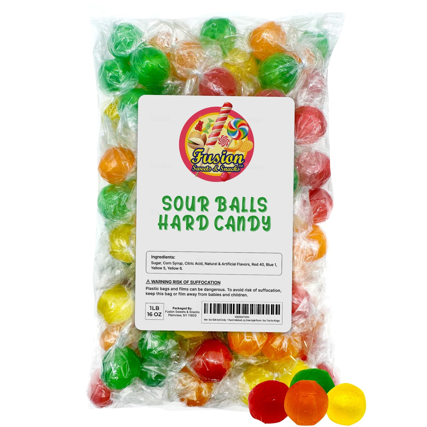Sour Balls Hard Candy - 1 Pound Individually Wrapped - Bulk Assorted Fruit Candies - Orange, Lemon, Strawberry, Cherry, Green Ap