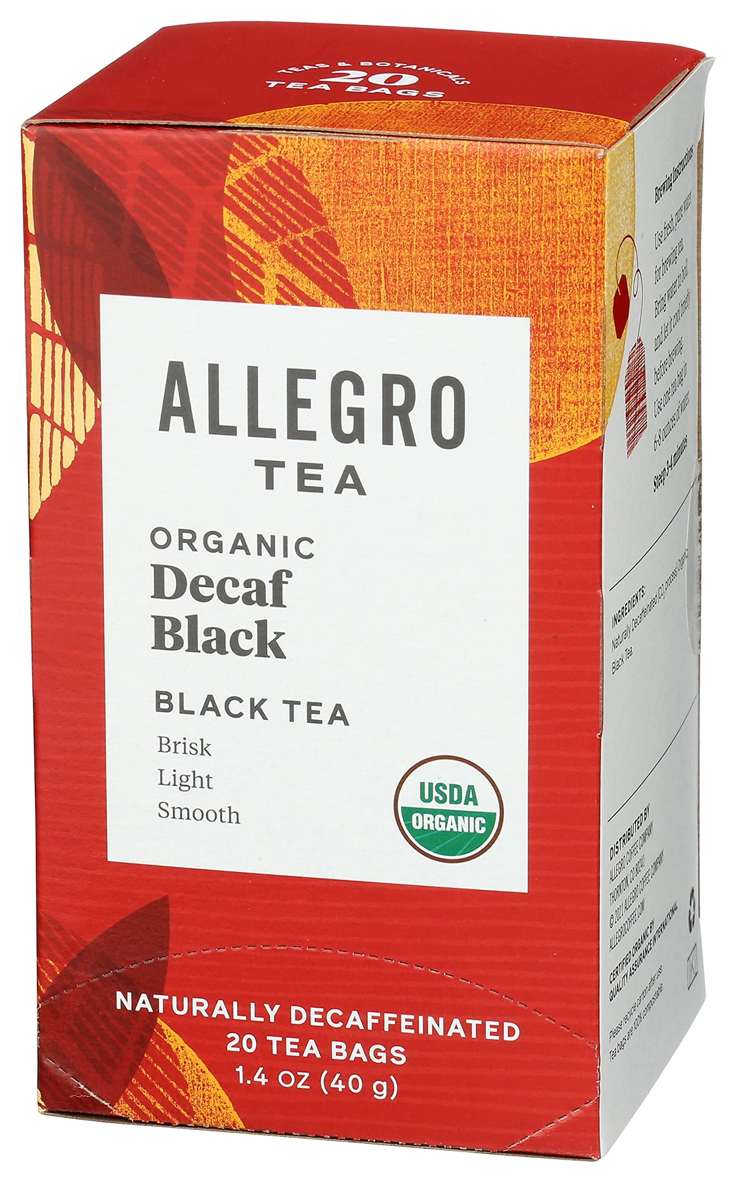 Allegro Organic Decaf Black Tea Bags, 20 Count - Premium Quality Herbal Tea, Caffeine-Free for Relaxation and Enjoyment