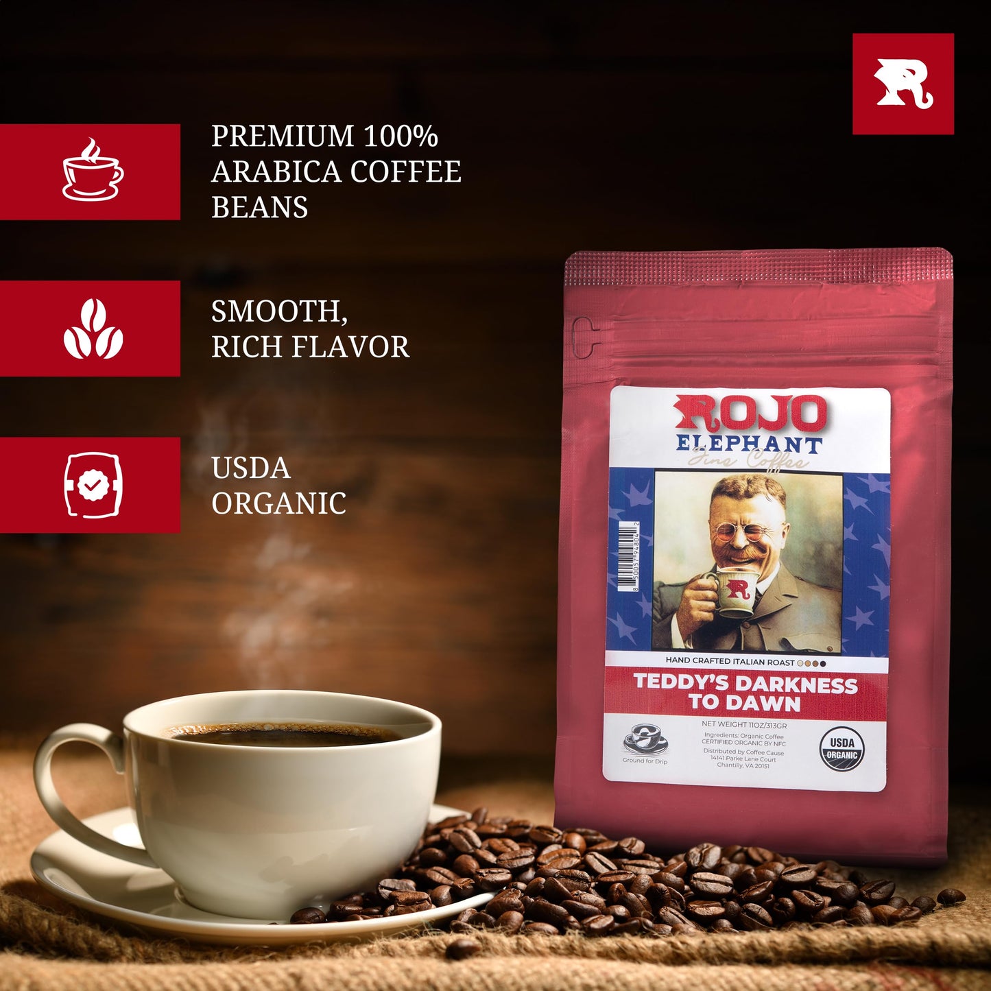Rojo Elephant Teddy'S Darkness To Dawn Handcrafted Italian Roast Ground Coffee, Made From 100% Arabica Beans, Premium, Smooth, R
