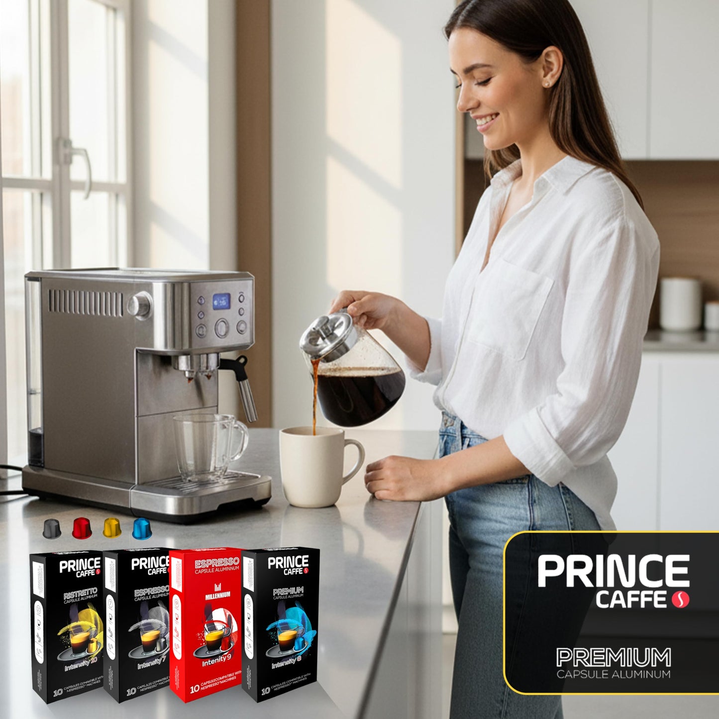 Prince Caffe Espresso Pods Variety Pack Compatible with Nespresso Original Line Machines - Espresso  Ristretto  Millennium & enhanced - Intensity 7 8 9 10  40 Count (4 x 10 Capsules)